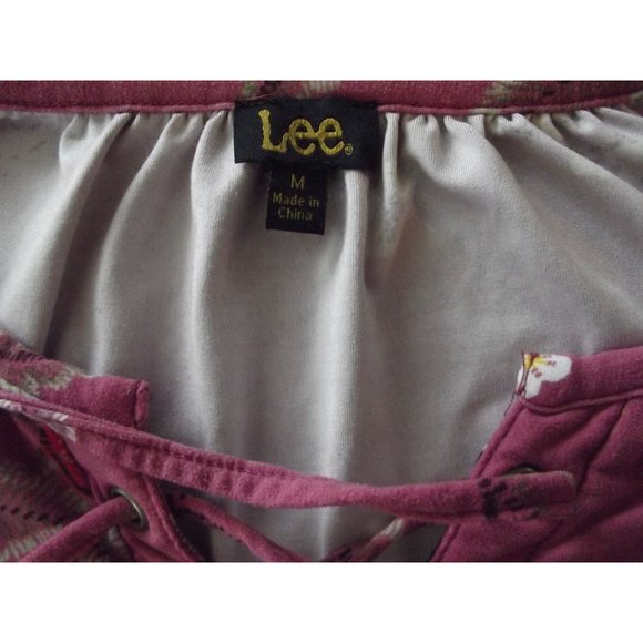 Lee Blouse Size Medium Pink Floral Print V-Neck top shirt boho peasant lace-up - Picture 6 of 11